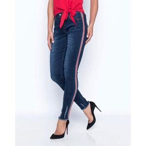 Frank Lyman Design Women's Blue Denim Skinny Jeans Red Stripe Distressed Raw Hem